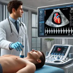 Doctor performing an echocardiogram on a patient.