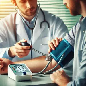 Doctor measuring patient's blood pressure with a sphygmomanometer.