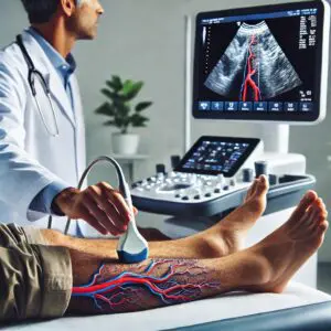 Doctor performing a vascular ultrasound on a patient's leg.