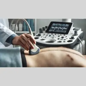 Medical professional performing an ultrasound examination on a patient's abdomen.