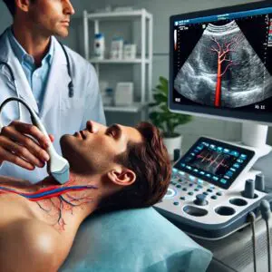 Doctor performing neck ultrasound on patient using advanced imaging technology.